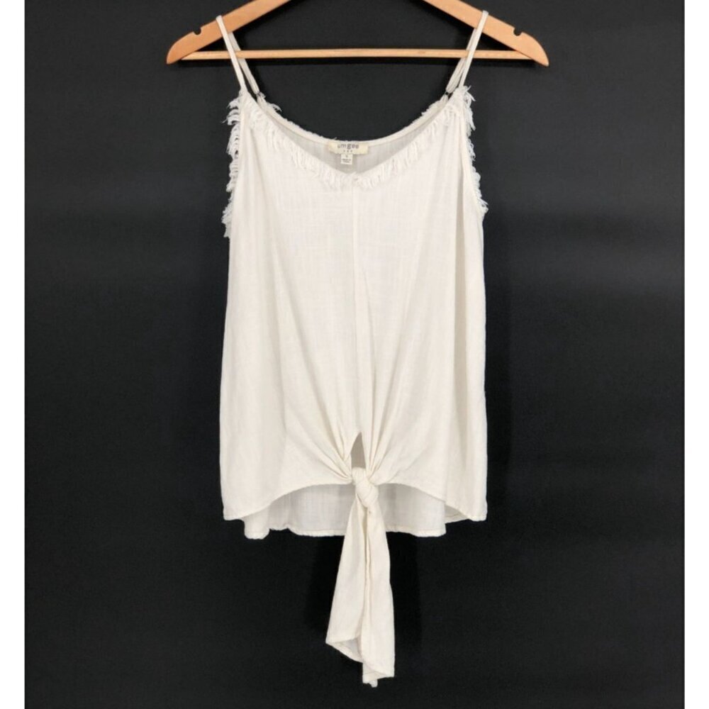 Umgee Women's Linen Blend Tank Top S Ivory Fringe Trim Boho Bohemian Coastal